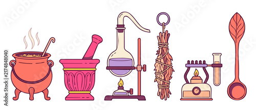 Alchemy potion equipment set vector illustration featuring witch cauldron, mortar pestle, glass flask, herb bundle for magic brewing, witchy chemistry and alchemy concept isolated on white background