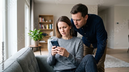 A couple sitting on a couch, looking at a smartphone with concerned expressions. The woman is holding the phone and the man is looking over her shoulder