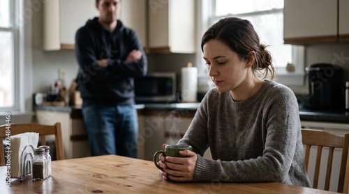 A woman sits alone at a table, looking dejected while holding a mug, with a man standing in the background, his arms crossed, implying a moment of tension or sadness