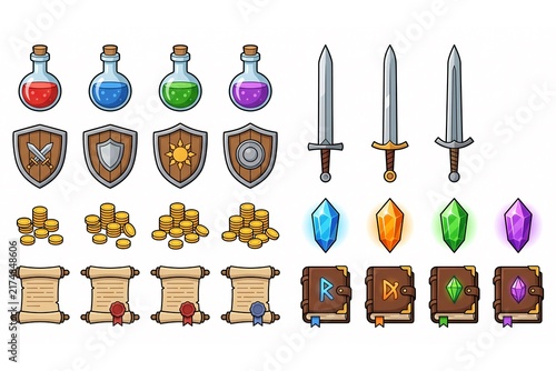 ファンタジーRPGのアイテムセット（イラスト・ゲーム素材・武器・アイコン）