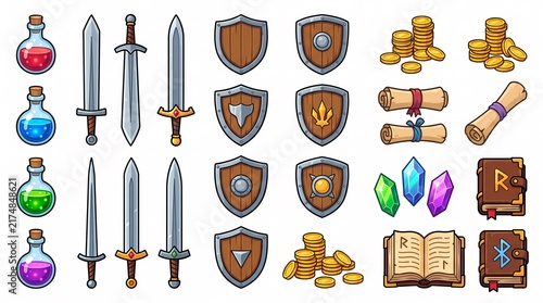 ファンタジーRPGのアイテムセット（イラスト・ゲーム素材・武器・アイコン）