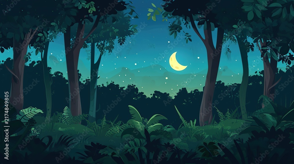 Obraz premium Moonlit Nighttime Forest Scene with Crescent Moon Framing Dense Understory and Starry Sky