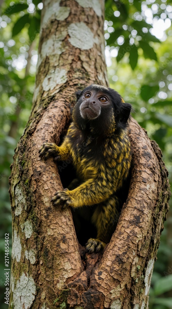 Obraz premium Small monkey peeks from hollow tree trunk. This young primate with black and yellow fur looks out from its natural habitat in rich green forest. Cute animal portrait.
