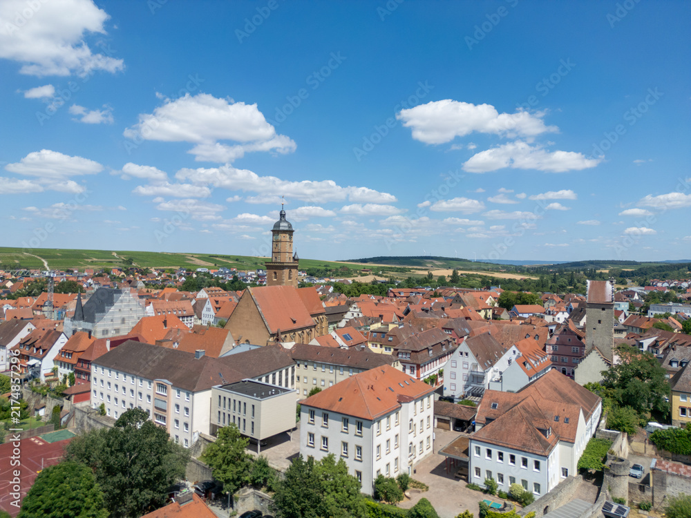 Naklejka premium Aerial View of Volkach Historic Old Town in Franconia, Bavaria, Germany