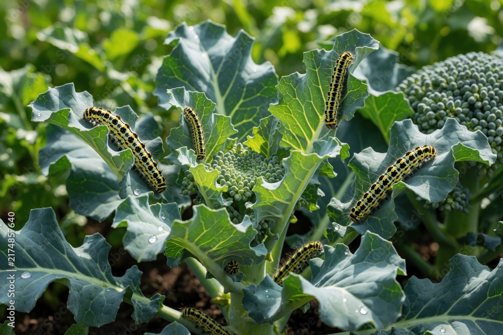 Obraz premium Multiple caterpillars consume broccoli leaves and florets. Insects crawl on green plants in garden bed. Pest infestation damages vegetable crop. Natural food chain process.