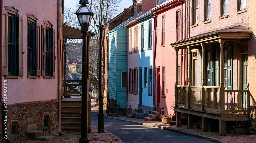 Fototapeta premium colonial. Historic street lined with colorful buildings under soft afternoon light, evoking nostalgic charm. real-estate listings.