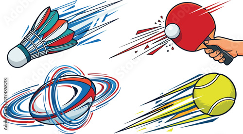 Dynamic sports equipment vector set featuring flying badminton shuttlecock, table tennis, rugby ball, and tennis ball with motion lines