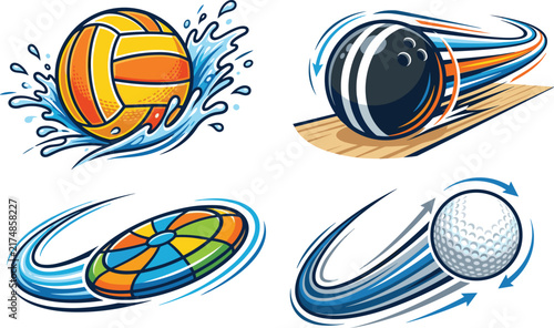 Dynamic sports balls vector set featuring volleyball, bowling ball, flying disc, and golf ball in motion