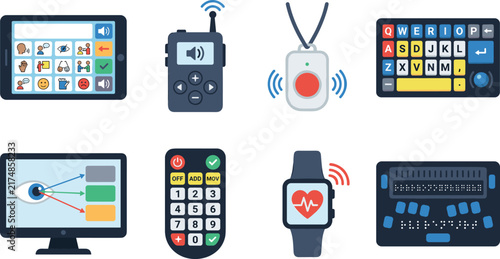Flat vector illustration set of assistive technology and accessibility devices for disabled people