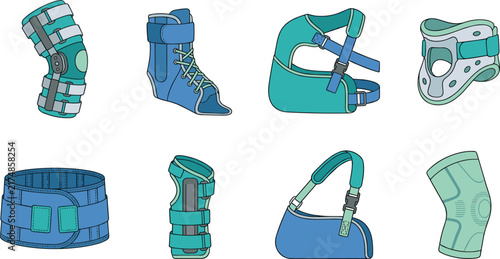 Flat vector illustration set of medical orthopedic braces and supports for injury recovery and rehabilitation
