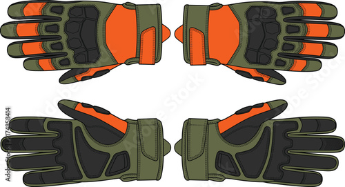 Professional tactical work gloves vector design showing front and back views with protective padding