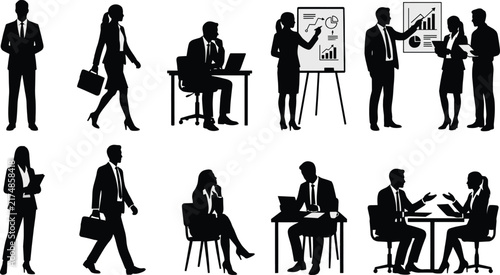 Set of business people silhouettes in different working activities and office situations for corporate design