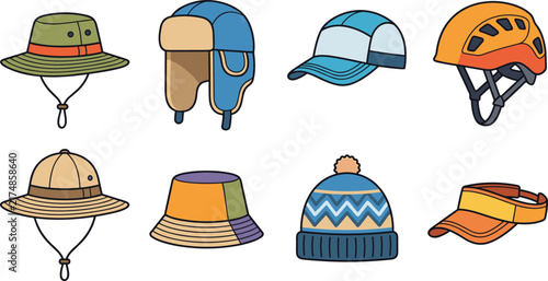 Set of colorful hats, caps, beanies, and helmets vector illustrations for outdoor activities.