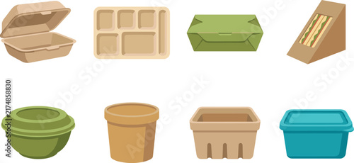 Set of eco-friendly food packaging containers, cardboard boxes, and biodegradable tableware vector illustrations.