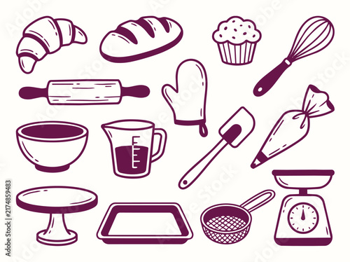 Baking Doodle Icon Set with Bakery Tools and Pastry Elements Hand Drawn Outline Collection