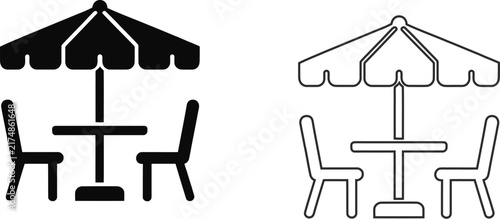 Patio umbrella table icon set featuring outdoor cafe seating, parasol canopy, round table, chairs, and clean line art variations