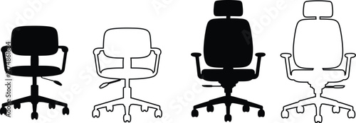 Office chair icon set featuring swivel seating, ergonomic armrests, caster wheel bases, high backrests, and executive workplace furniture silhouettes