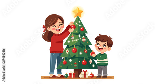 A mother and her son happily decorating a festive Christmas tree with ornaments and a star, surrounded by gifts.