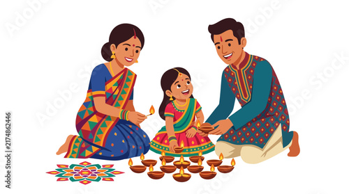 A happy Indian family celebrating Diwali, lighting traditional diyas and enjoying the festive atmosphere with a colorful rangoli design.