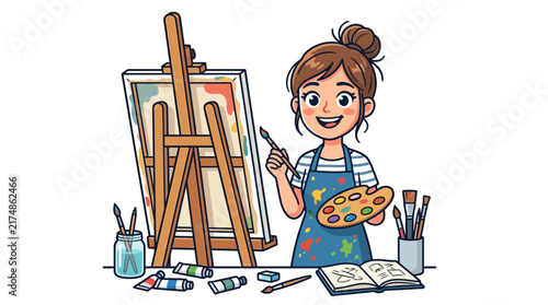 A happy young woman artist painting on an easel with various art supplies on a table.