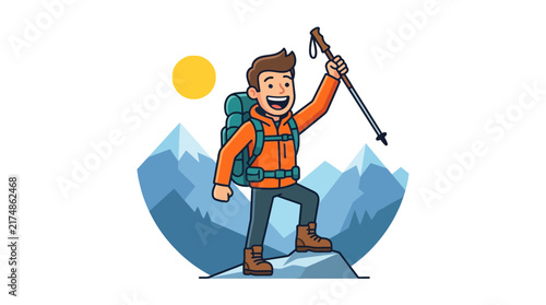 A cheerful cartoon hiker with a backpack and trekking pole stands triumphantly on a mountain peak under a bright sun, celebrating his achievement.