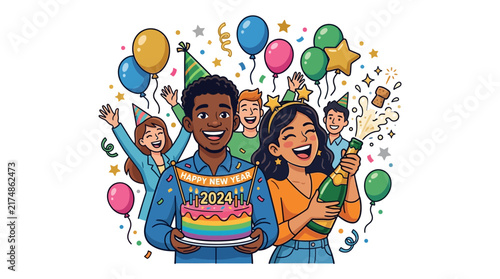 Diverse group of joyful people celebrating New Year 2024 with cake, champagne, balloons, and confetti at a festive party.