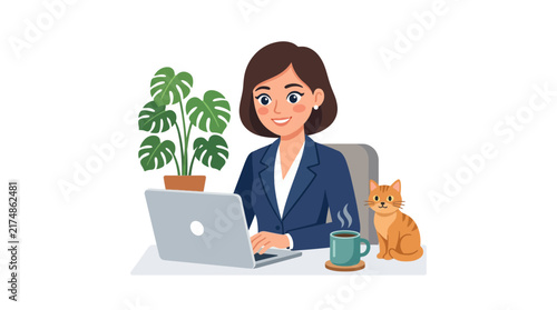 A cartoon illustration of a smiling woman in a blazer working on a laptop at a desk with a coffee cup, an orange cat, and a potted plant.