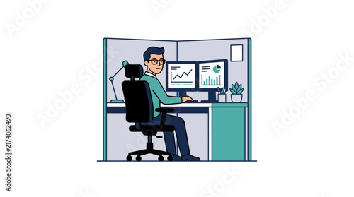 An illustration of a man working at a desk in an office cubicle with two monitors displaying data charts and graphs.
