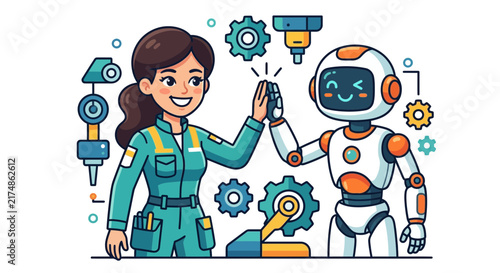 A cartoon illustration depicting a female engineer high-fiving a friendly robot, surrounded by gears and industrial tools, symbolizing human-robot collaboration in technology and industry.