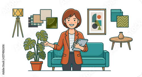 Smiling female interior designer presenting home decor elements and color palettes with a sofa, plant, and lamp.