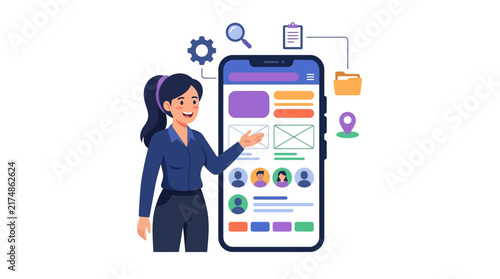 Woman presenting a mobile application interface with various digital elements and business icons.