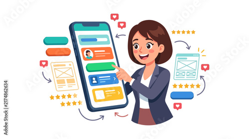 Woman interacting with a mobile application on a smartphone, surrounded by UI elements and feedback icons, representing app development and user experience.