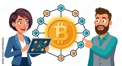 Two business people discussing cryptocurrency and blockchain technology with a large Bitcoin symbol at the center of a network.