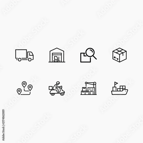 Collection of icons depicting logistics and delivery services including trucks, warehouses, search, packages, maps, scooters, cranes, and ships