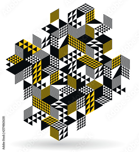 Black and yellow geometric vector abstract background with cubes and shapes, isometric 3D abstraction art displaying city buildings forms look like, op art optical illusion.