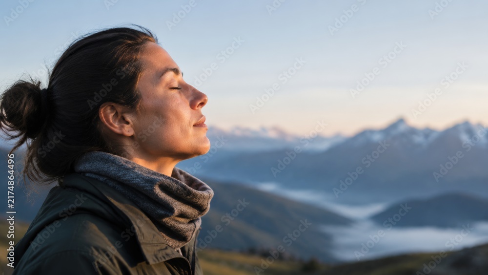 Obraz premium A woman wearing a neck gaiter and jacket admires a misty mountain valley landscape during the soft light of golden hour