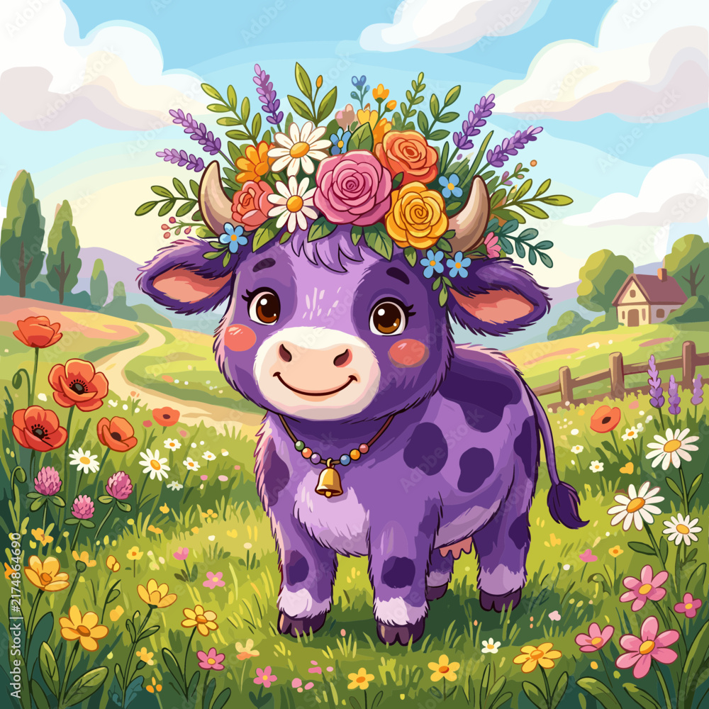 Fototapeta premium Cute Purple Cow with Flower Crown in Meadow