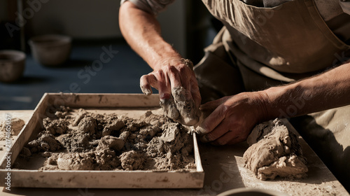 Potter shaping clay in a mold