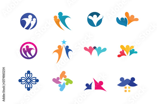Twelve abstract featuring stylized human figures, circles, stars, and house shapes for community, teamwork, and social branding