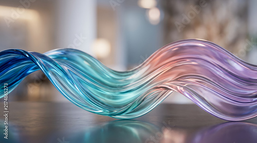 Colorful abstract glass wave sculpture in soft focus background