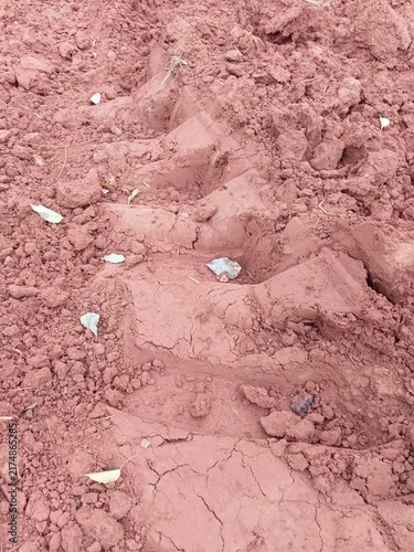 Texture of clumpy red soil with a heavy agricultural vehicle wheel print.