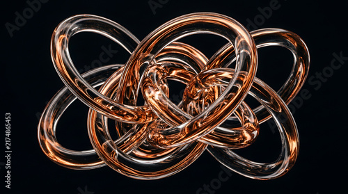 Abstract sculpture with shiny metallic and transparent elements on black background

