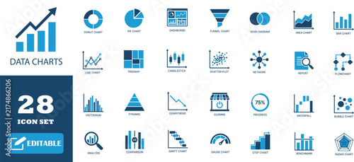 Data charts blue business icon set featuring various statistical graphs and financial performance visualizations.