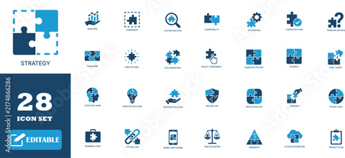 Strategy jigsaw puzzle concept blue icons set demonstrating business synergy collaborative planning and solutions.
