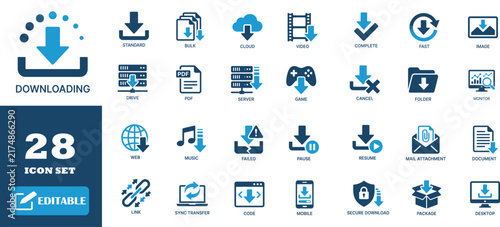Downloading data blue technology icon collection highlighting secure transfers file storage and network syncs.