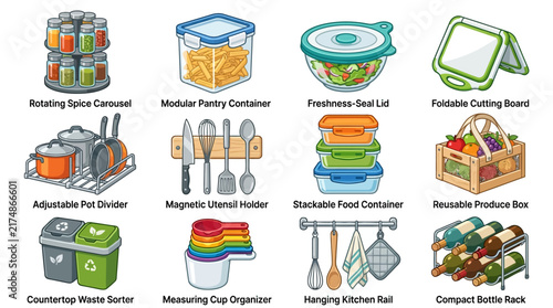 Kitchen organization icons, 12 pantry storage vectors, home cookware set