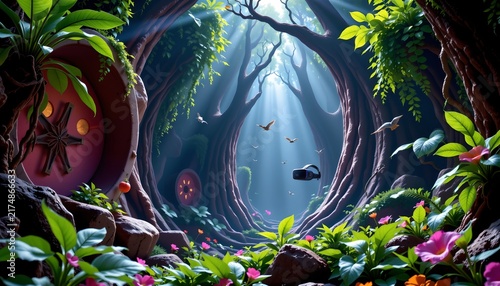 The image depicts a mystical forest scene with large, twisting trees forming a natural archway that opens to a bright, glowing light filtering through the canopy