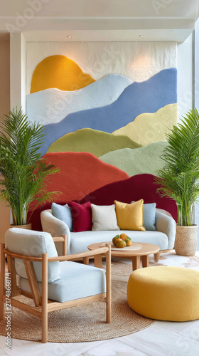 A bright modern living room with a large abstract wall mural of layered colorful mountains and a yellow sun, furnished with a sofa, armchair, round ottoman, coffee table, and two potted tropical plant
