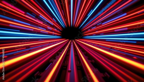 The image depicts a tunnel like scene with bright, colorful light trails converging towards a dark central opening, creating a sense of motion and depth