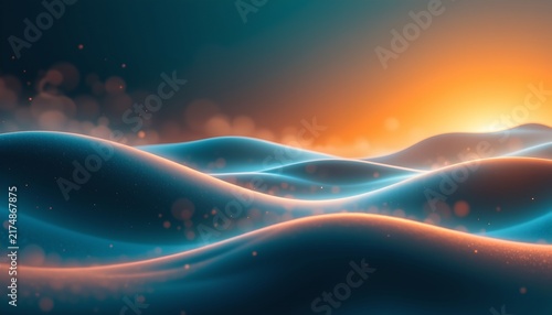 The image features a landscape of smooth, flowing waves illuminated by a warm, glowing light source near the horizon